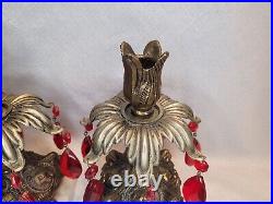 VINTAGE 1969 CANDLESTICKS PAIR SET OF 2 ANTIQUE VINTAGE 8 With RED GLASS CRYSTALS