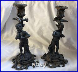 VINTAGE ANTIQUE Pair of Bronze Nudes Dinner Candlestick Holder 9in