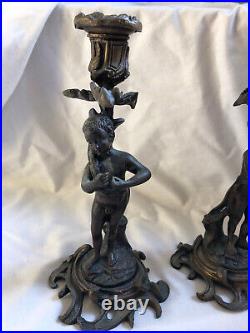 VINTAGE ANTIQUE Pair of Bronze Nudes Dinner Candlestick Holder 9in