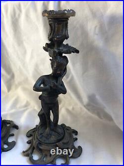 VINTAGE ANTIQUE Pair of Bronze Nudes Dinner Candlestick Holder 9in