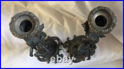 VINTAGE ANTIQUE Pair of Bronze Nudes Dinner Candlestick Holder 9in