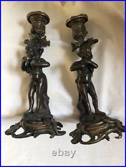 VINTAGE ANTIQUE Pair of Bronze Nudes Dinner Candlestick Holder 9in