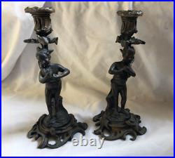 VINTAGE ANTIQUE Pair of Bronze Nudes Dinner Candlestick Holder 9in