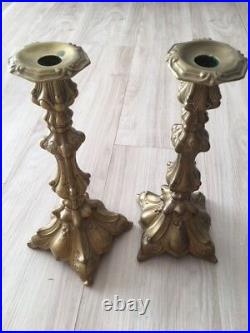 VINTAGE ARTISAN PAIR OF POLISH BRASS CANDLESTICK HOLDERS, 12 Tall X 5 WIDE
