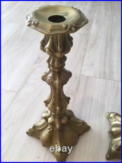 VINTAGE ARTISAN PAIR OF POLISH BRASS CANDLESTICK HOLDERS, 12 Tall X 5 WIDE