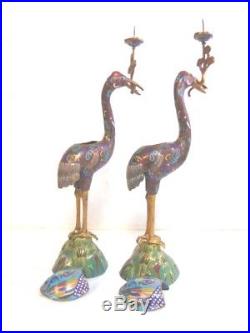 VINTAGE CHINESE CLOISONNE CRANE CANDLESTICKS With GOLD