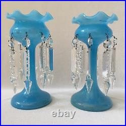 VINTAGE MANTLE LUSTERS PAIR of BLUE OPALINE ANTIQUE GLASS LAMPS HANDBLOWN