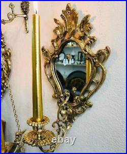 VINTAGE MIRROR FRAME with Brass Candelabra, Wall Oval Mirror with Candlestick