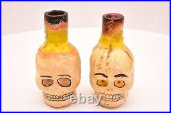 VINTAGE Mexican Folk Art Skull Candle Holders Sticks Day of the Dead Pottery