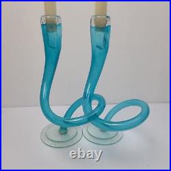 VINTAGE Michael Hudson Art Glass Intertwined Candlestick Holders Pair Blue