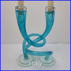 VINTAGE Michael Hudson Art Glass Intertwined Candlestick Holders Pair Blue