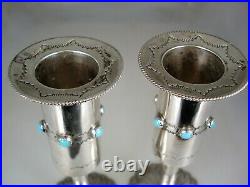 VINTAGE NAVAJO STAMPED STERLING SILVER & TURQUOISE CANDLESTICK HOLDERS signed