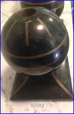 VNTAGE Maitland Smith Candlesticks Black Gold Tessellated Stone Brass Inlay