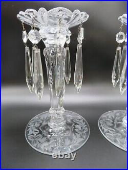 VTG 1930s Pair Mantle Candle Sticks with Dangling Crystals Etched Floral