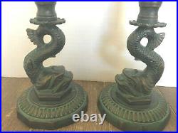 VTG Brass Koi Fish Candlesticks/ Antique Bronze Finish/ Feng Shui Asian Dolphin