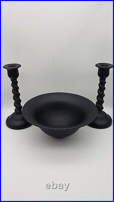 VTG Deco Tiffin Glass Black Satin Glass Candlesticks and Console Bowl