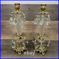 VTG Italian Hollywood Regency Crystal Prism Brass Candlestick Holder 14.75Pair