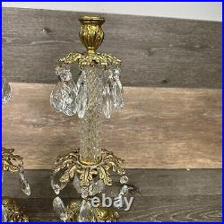 VTG Italian Hollywood Regency Crystal Prism Brass Candlestick Holder 14.75Pair