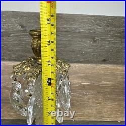 VTG Italian Hollywood Regency Crystal Prism Brass Candlestick Holder 14.75Pair