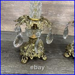 VTG Italian Hollywood Regency Crystal Prism Brass Candlestick Holder 14.75Pair