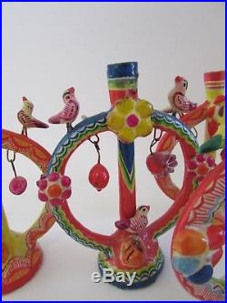VTG Mexico Folk Art Tree of Life Small Candlesticks Set of 5