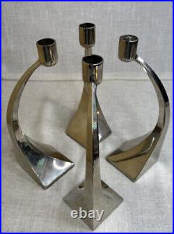 VTG Mid Century Danish Modern Curved Chrome Metal Candlestick Holder Set 10
