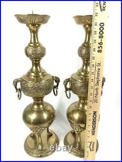 VTG Pair Candlesticks Heavy Ornate Brass Large 22 Tall Alter Temple Pricket WOW