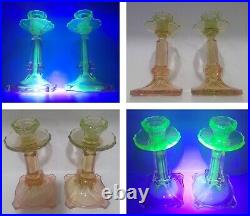 VTG Pair SAMUEL REICH Art Deco Glass VIKTORIA Uranium Pink Green Candle Holders