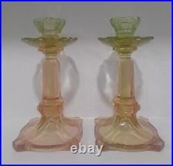 VTG Pair SAMUEL REICH Art Deco Glass VIKTORIA Uranium Pink Green Candle Holders