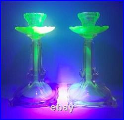 VTG Pair SAMUEL REICH Art Deco Glass VIKTORIA Uranium Pink Green Candle Holders