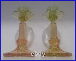VTG Pair SAMUEL REICH Art Deco Glass VIKTORIA Uranium Pink Green Candle Holders