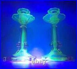 VTG Pair SAMUEL REICH Art Deco Glass VIKTORIA Uranium Pink Green Candle Holders