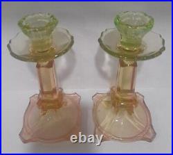 VTG Pair SAMUEL REICH Art Deco Glass VIKTORIA Uranium Pink Green Candle Holders