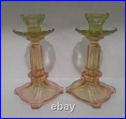 VTG Pair SAMUEL REICH Art Deco Glass VIKTORIA Uranium Pink Green Candle Holders