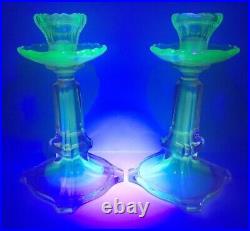 VTG Pair SAMUEL REICH Art Deco Glass VIKTORIA Uranium Pink Green Candle Holders