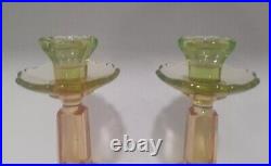 VTG Pair SAMUEL REICH Art Deco Glass VIKTORIA Uranium Pink Green Candle Holders