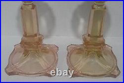 VTG Pair SAMUEL REICH Art Deco Glass VIKTORIA Uranium Pink Green Candle Holders