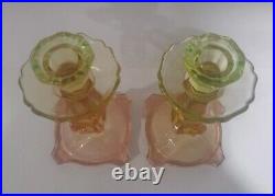 VTG Pair SAMUEL REICH Art Deco Glass VIKTORIA Uranium Pink Green Candle Holders