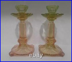 VTG Pair SAMUEL REICH Art Deco Glass VIKTORIA Uranium Pink Green Candle Holders