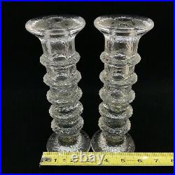 VTG Pair of Scandinavian Style Clear Glass 5 Ring Ice Candlestick Holders 8