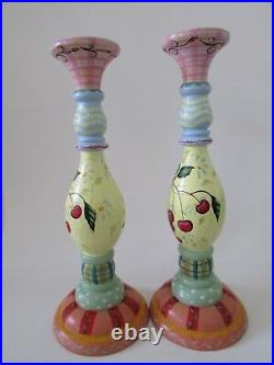 VTG Signed Tracy Porter Hand Painted Cherry Candle Sticks Set of 2 13 1/4