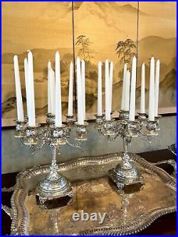 VTG Silverplate 9 Candle Candelabra PAIR Floral Design Shabby Chic SUBSTANTIAL