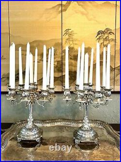 VTG Silverplate 9 Candle Candelabra PAIR Floral Design Shabby Chic SUBSTANTIAL