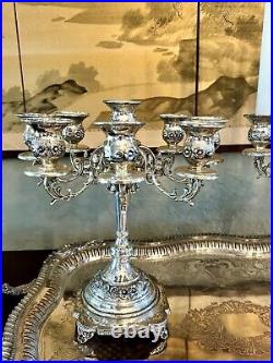 VTG Silverplate 9 Candle Candelabra PAIR Floral Design Shabby Chic SUBSTANTIAL