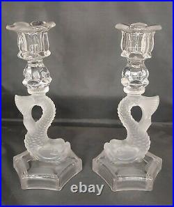 VTG Westmoreland Frosted Glass Dolphin / Koi Fish Candle Holders Candlesticks