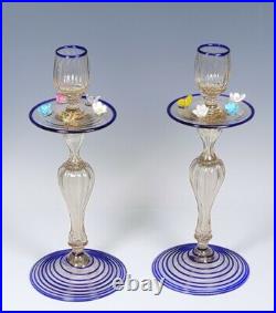 Vinrage Murano Art Glass Blue Candle Holders Candle Sticks Applied Flowers