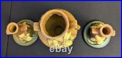 Vintage 1944 Roseville Clematis Candlesticks #1159 4 1/2 & Vase #188 6 A+