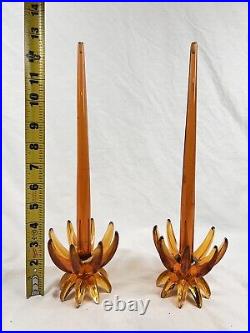 Vintage 1960's MCM Friedel Ges Gesch Amber Lucite Candlestick Holder Pair Lotus