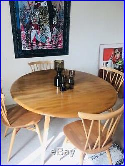 Vintage 1960s Ercol Elm Round Drop Leaf Table and 4x Candlestick Chairs- Retro
