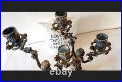 Vintage 2 Arm Brass Candelabra Cherub Pair Candlesticks Holders, French Ornate